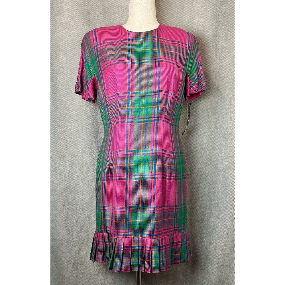 Vtg Pink Green Plaid Geary Roarke Kamisato Pleated Dress Size 12P Mod Retro NWT